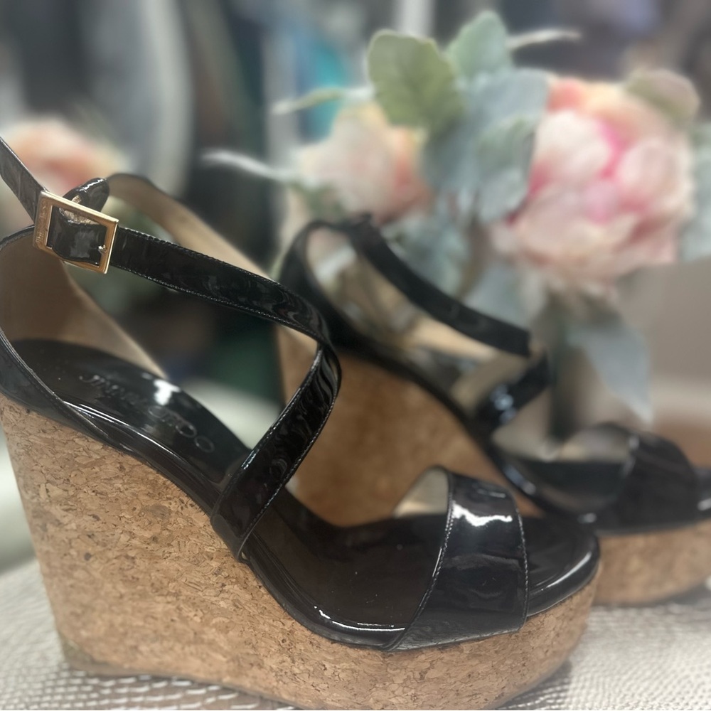 JIMMY CHOO BLACK PATENT LEATHER AND CORK WEDGES